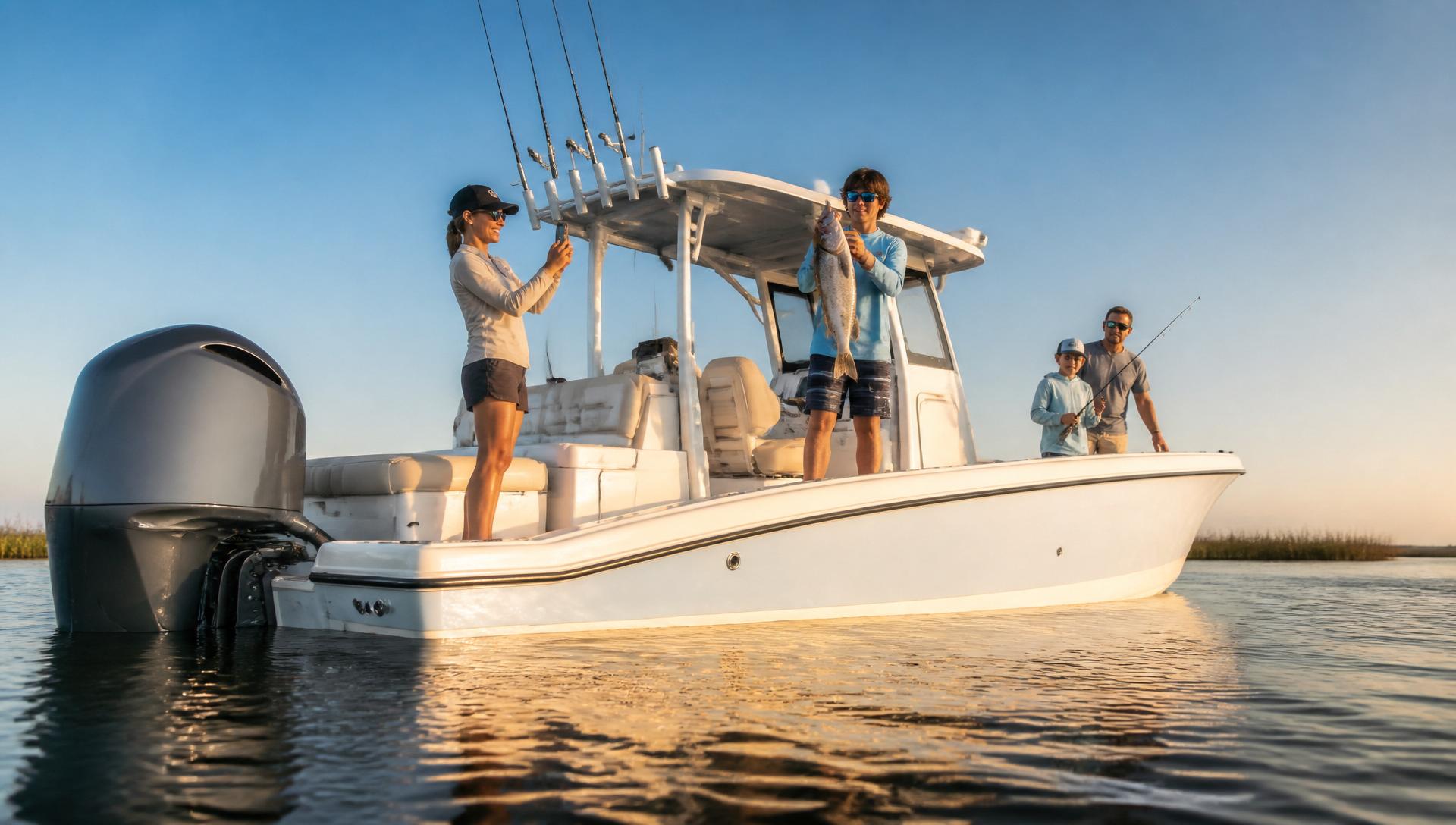 Family fishing from a fast center console boat with outboard, taking a photo of a large fish