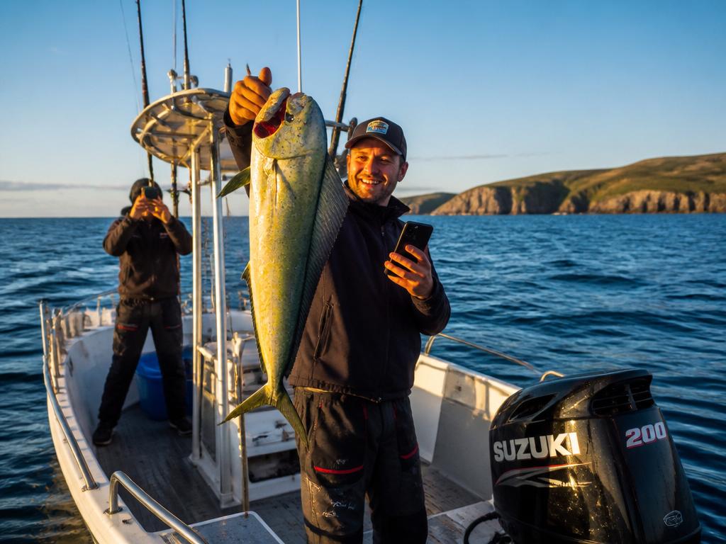 Angler on a boat with outboard engine holding a catch and a smartphone