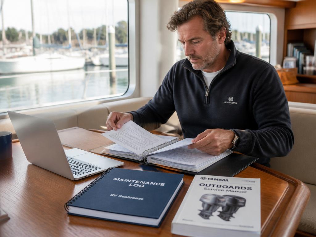 Boat owner organising maintenance logs, receipts and service records