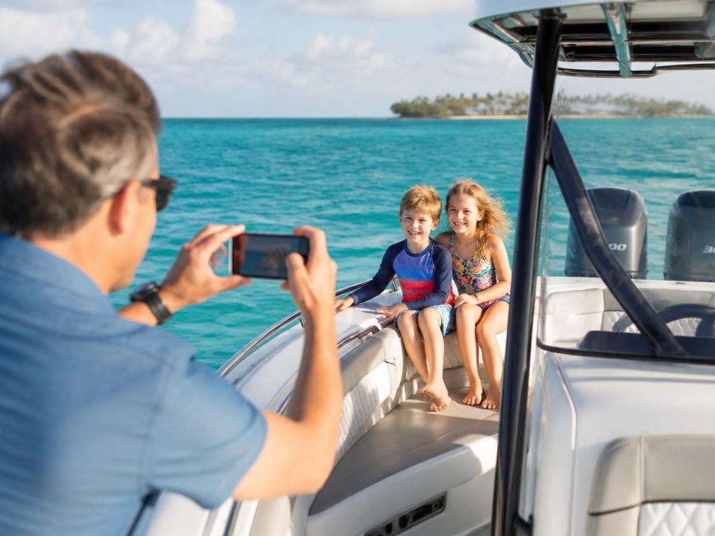 Family on a weekend boat trip taking photos and making memories