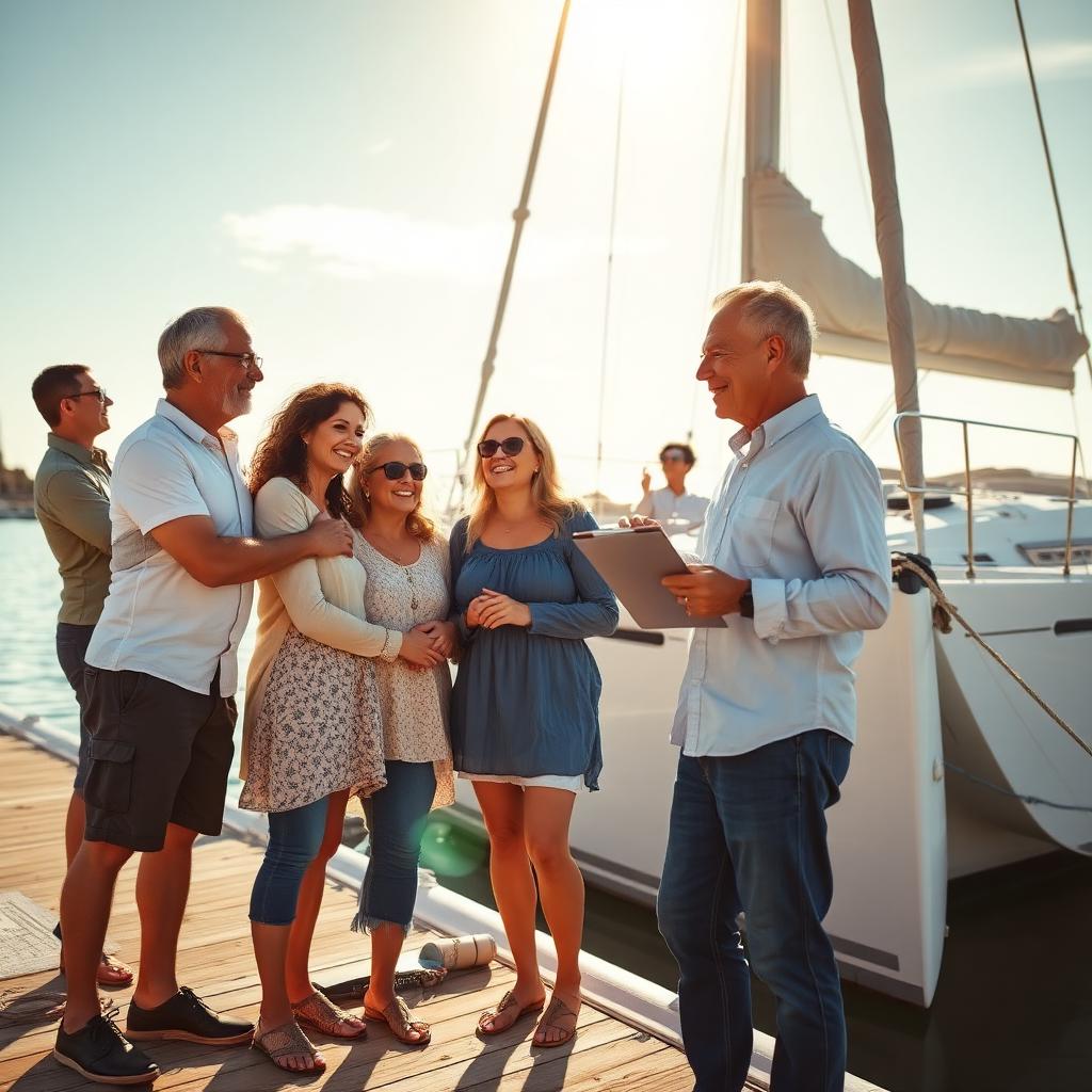 Family shaking hands with the seller on a dock beside their newly purchased sailboat, surveyor in the background