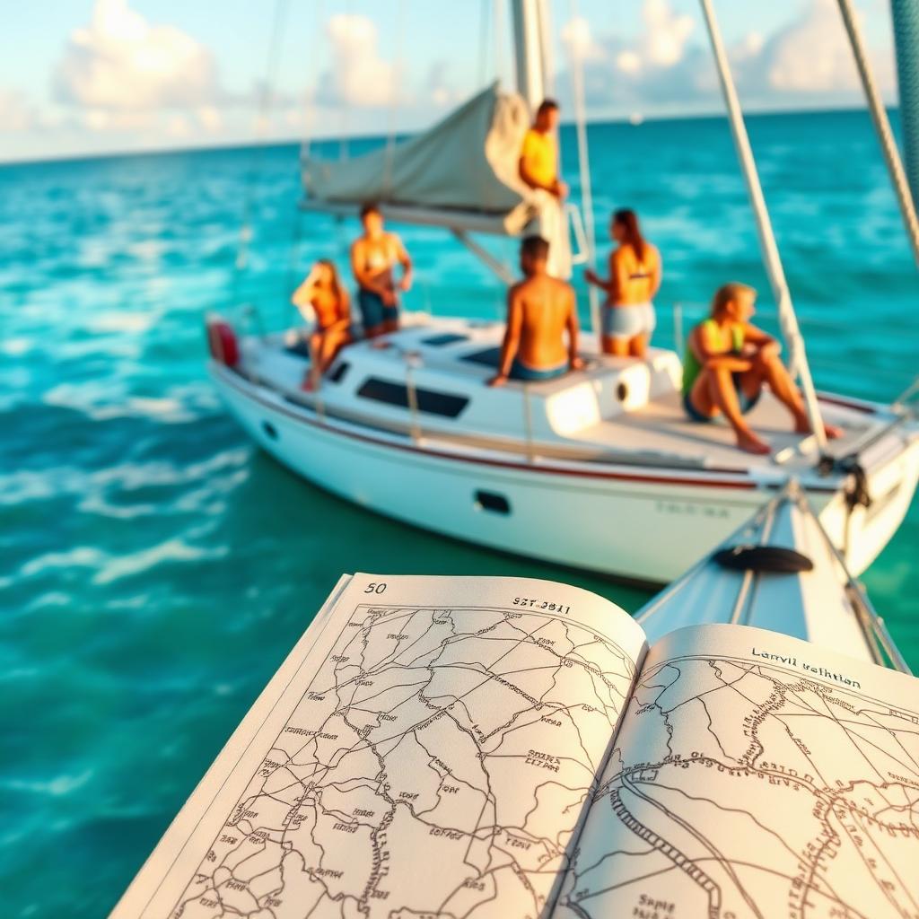 Family enjoying a cruise on their sailboat in turquoise water with a hand-drawn chart on deck