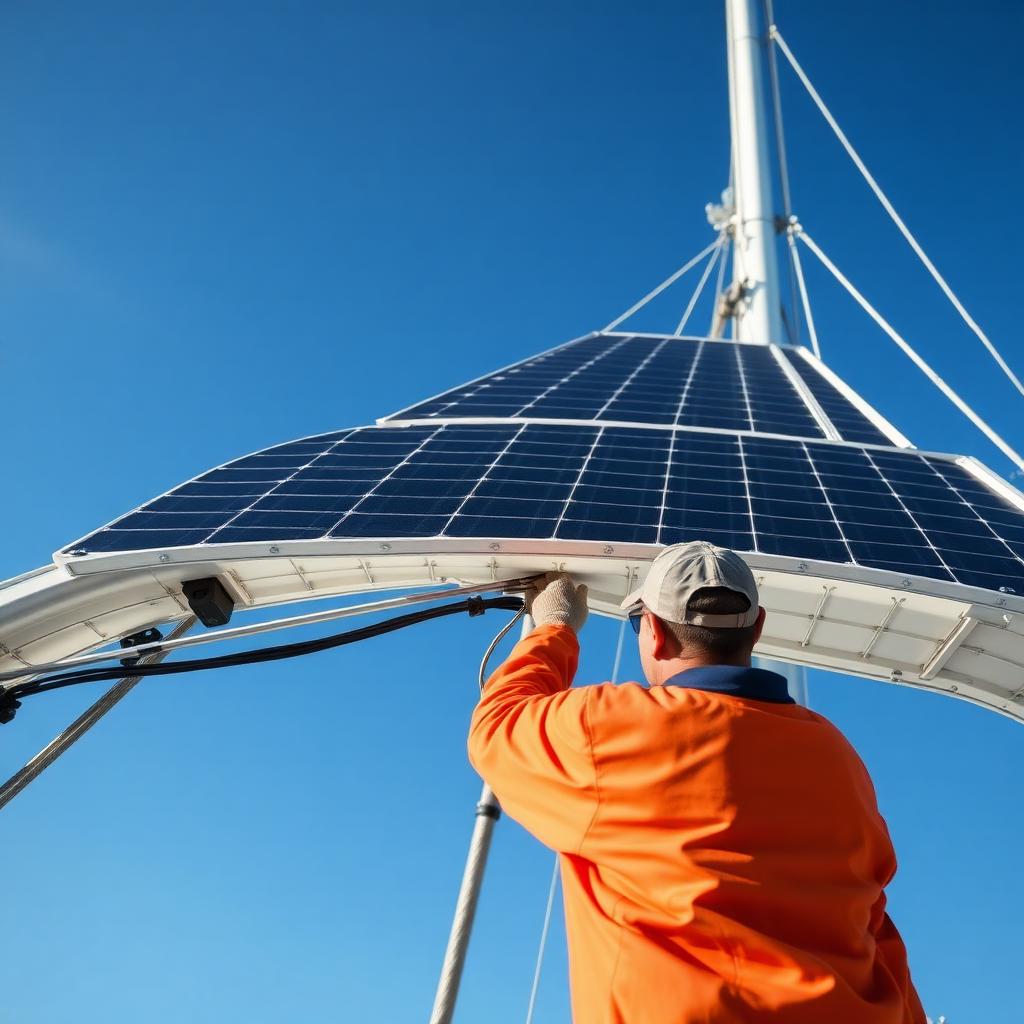 Technician installing solar panels on the arch of a cruising sailboat