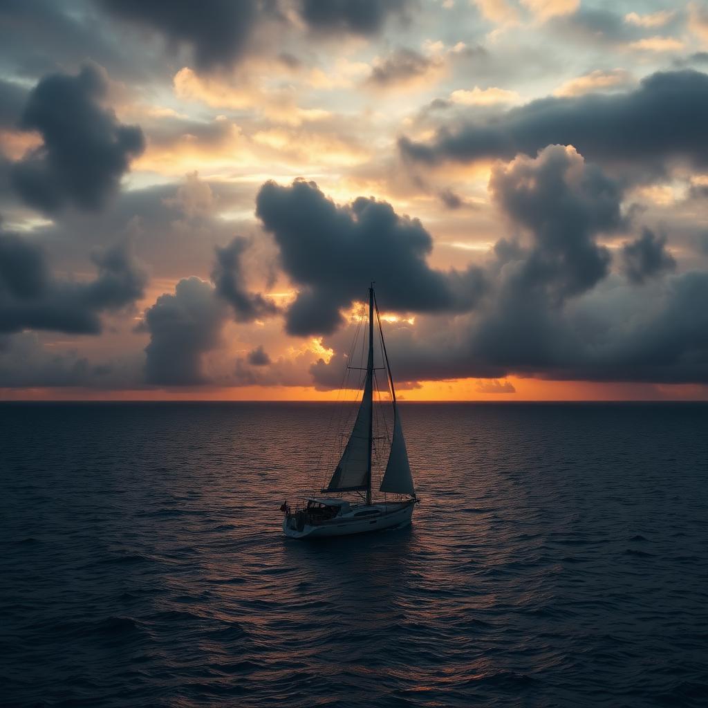 Sailboat mid-Atlantic at sunrise under dramatic clouds