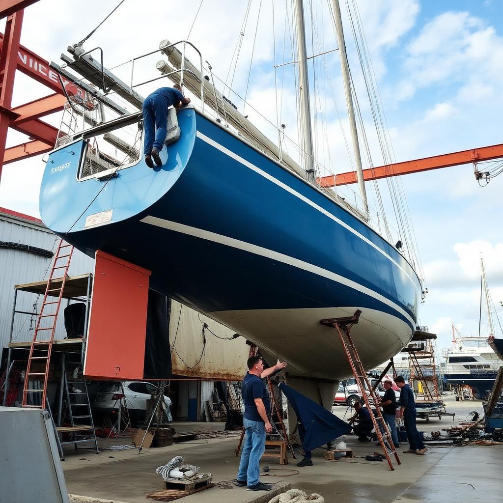 Sailboat hauled out in a boatyard undergoing a major refit