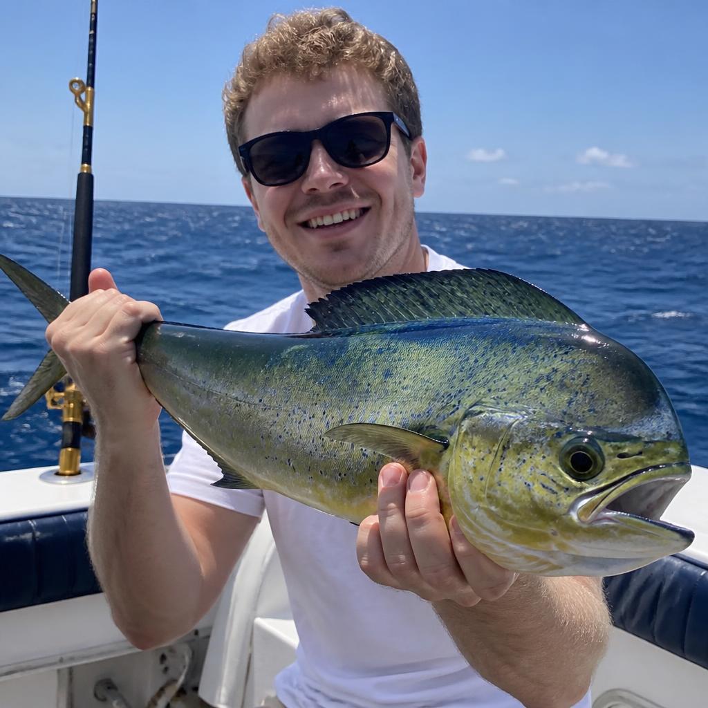 Joey holding a large mahi-mahi caught on the boat